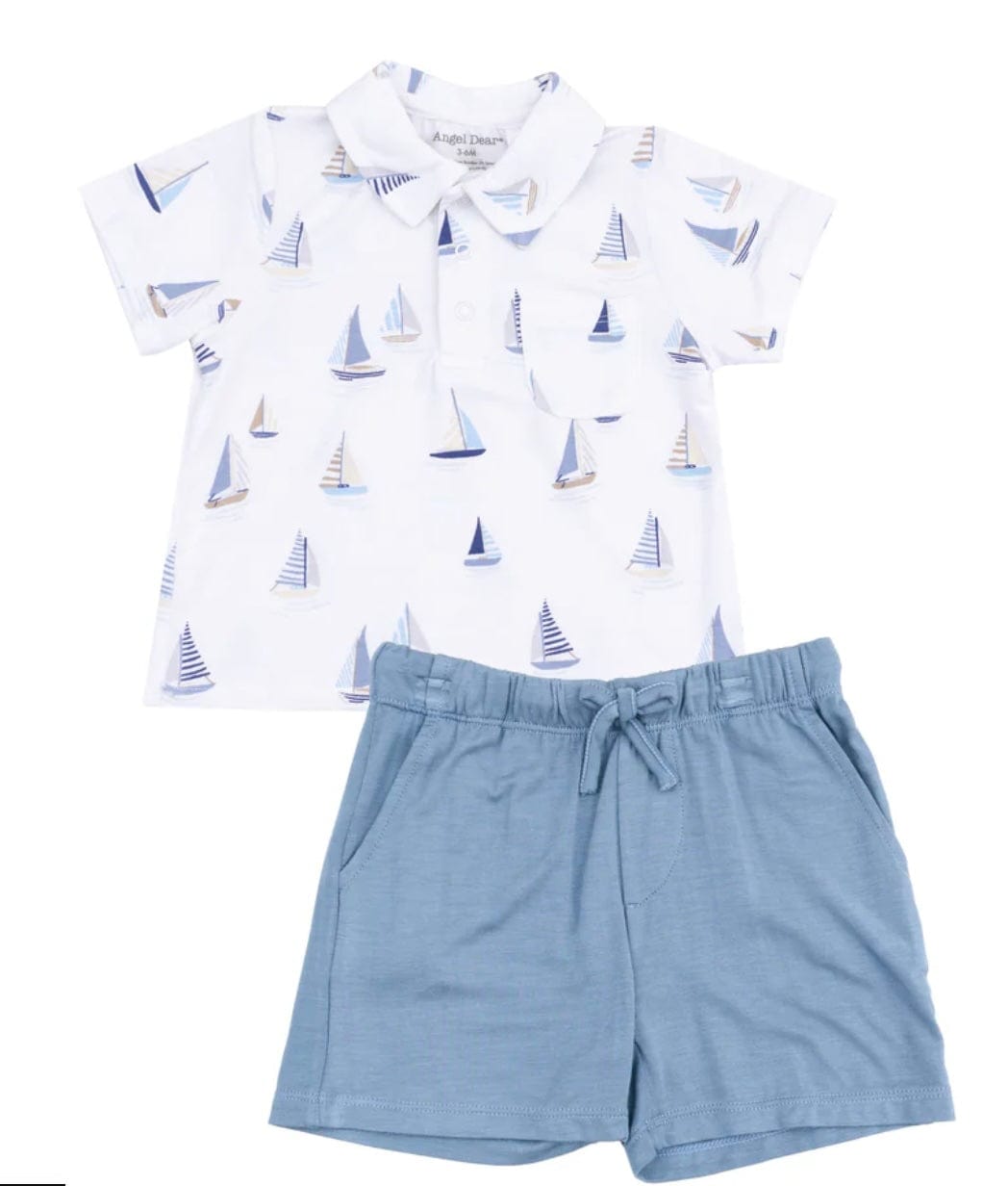 Angel Dear Polo Shirt & Short Sailboats Blue