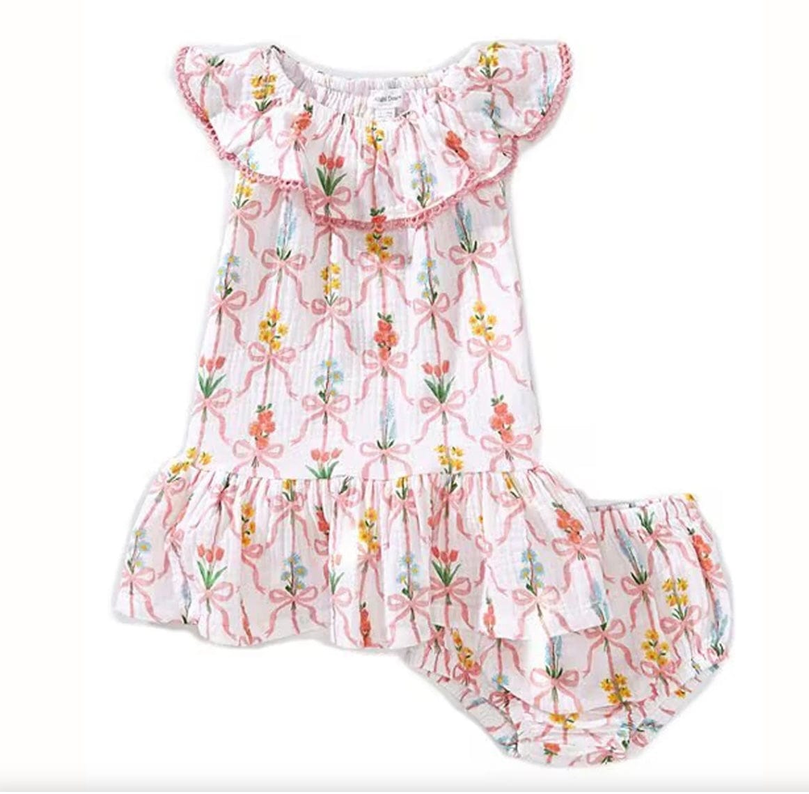 Angel Dear Circle Neck Ruffle Dress Ribbon Bouquets