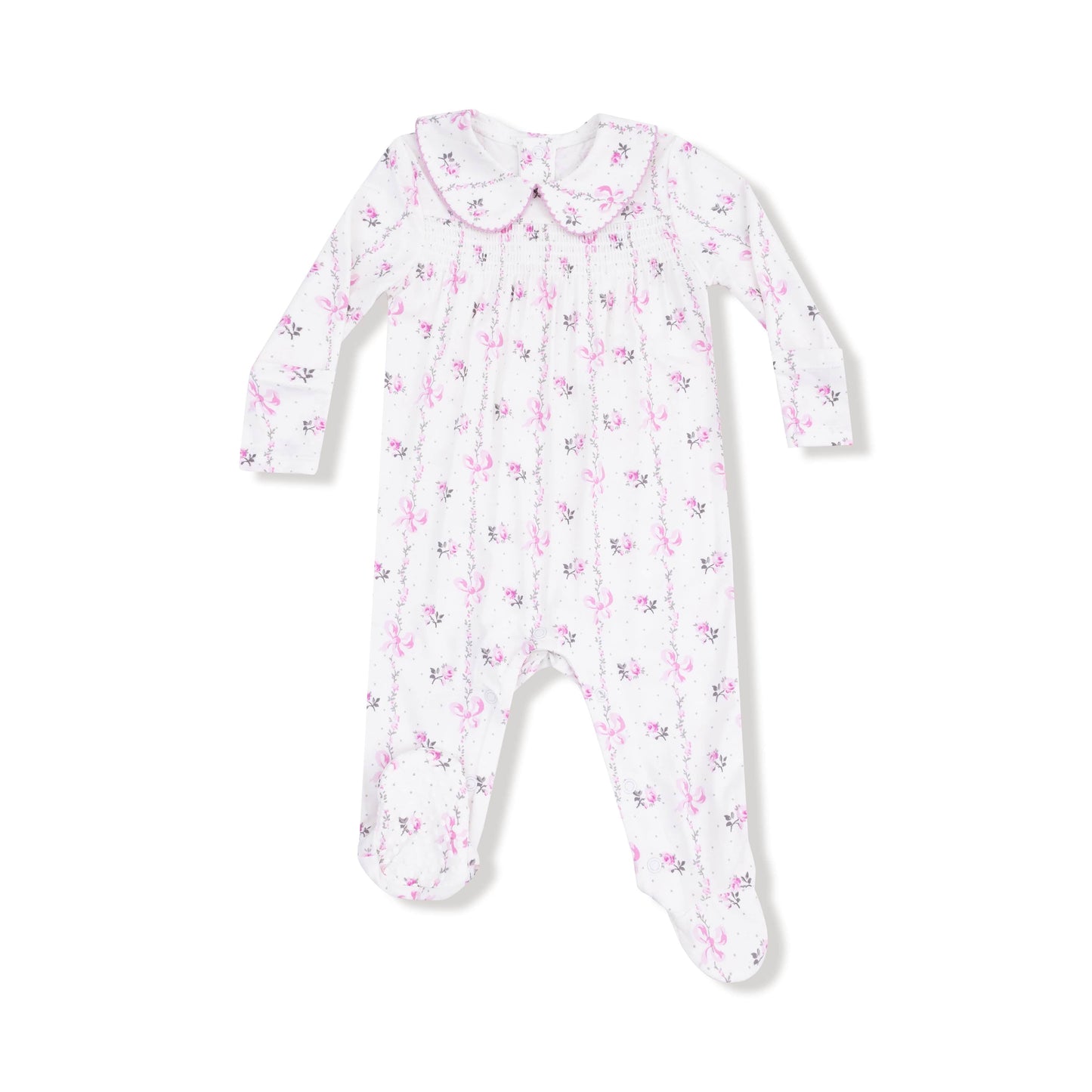 Angel Dear Angel Dear Smocked L/S Romper w/Peter Pan Collar in Dainty Buds and Bow Stripe