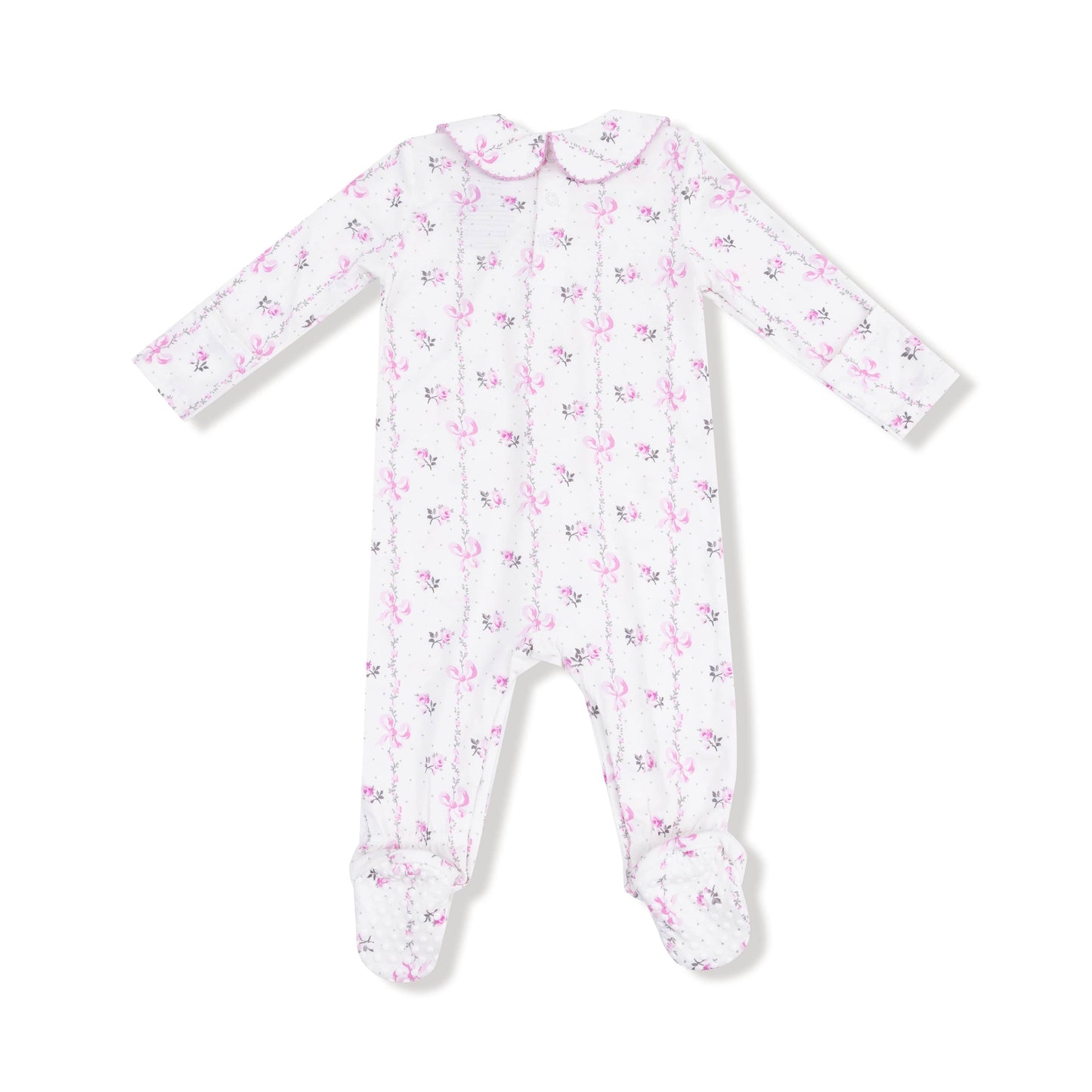 Angel Dear Angel Dear Smocked L/S Romper w/Peter Pan Collar in Dainty Buds and Bow Stripe