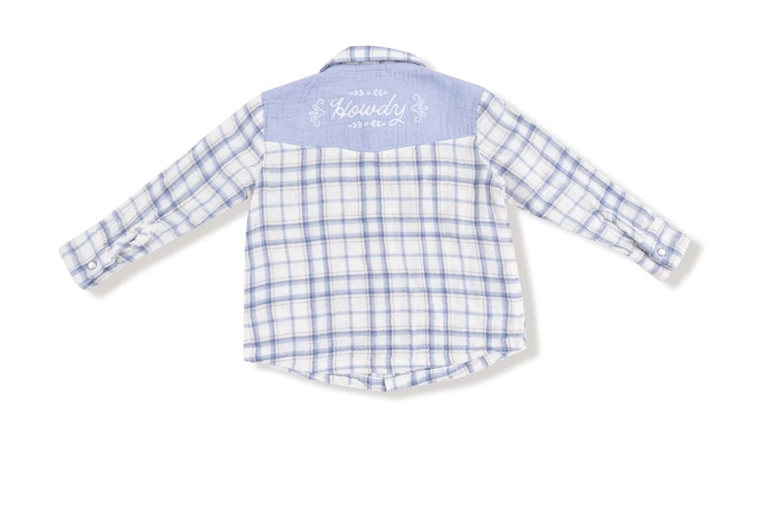 Angel Dear Blue Plaid Long Sleeve Western Pearl Snap Shirt