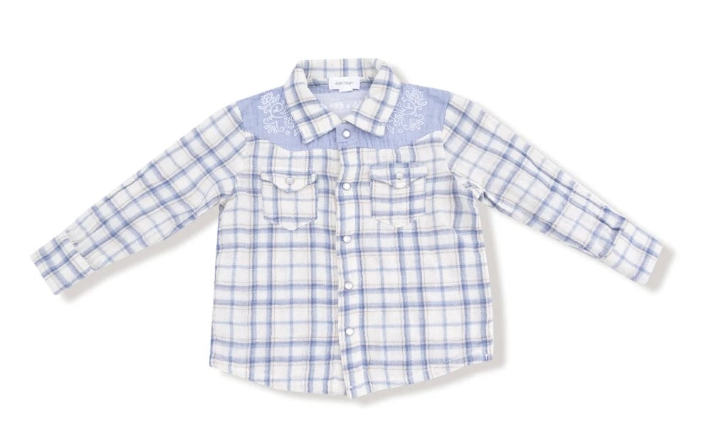 Angel Dear Blue Plaid Long Sleeve Western Pearl Snap Shirt
