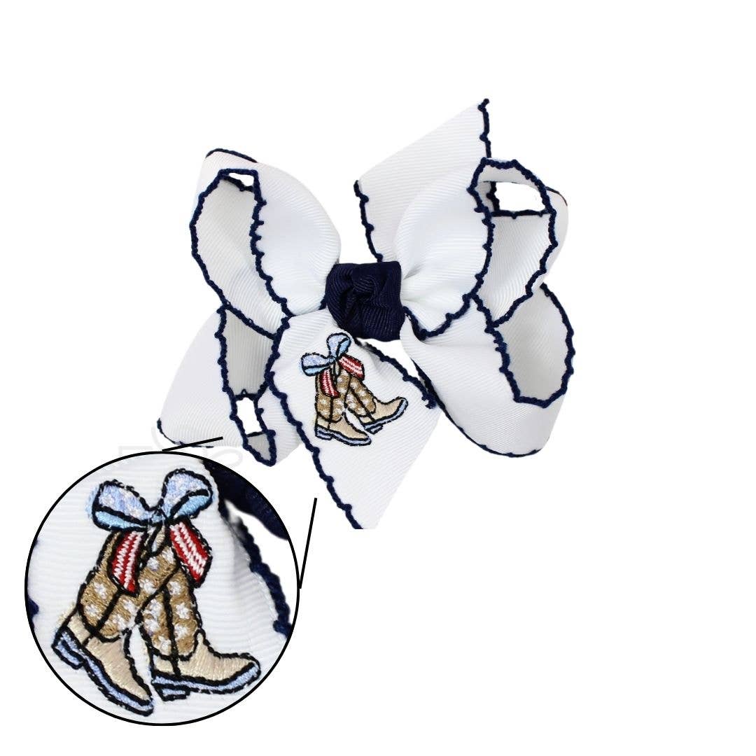 Beyond Creations, LLC 4.5" Large EMBROIDERED PATRIOTIC BOOT CROCHET EDGE HAIR BOW ECKL-029-370/PATRIOTIC BOOTS