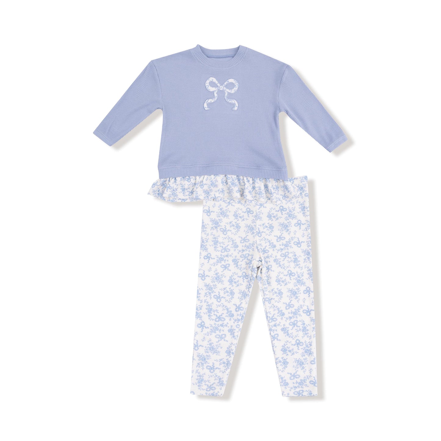 Little Beach Babes Boutique Angel Dear Waffle Pull Over with Ruffle and Rib Bow Applique w Rib Leggings in Romi Floral