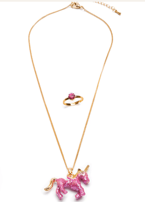 Little Beach Babes Boutique Glitter Pink Unicorn Necklace and Ring Set