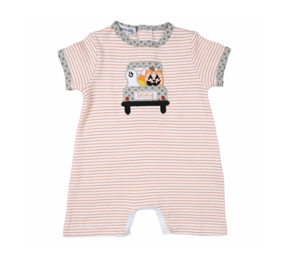 Little Beach Babes Boutique MAGNOLIA BABY BOYS ORANGE TRUNK AND TREAT HALLOWEEN PLAYSUIT - SHORT
