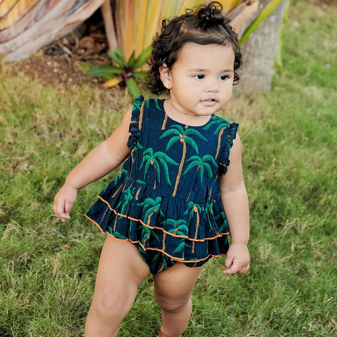 Little Beach Babes Boutique Pink Chicken-Baby Girls Heidi Bubble - Navy Palm Trees