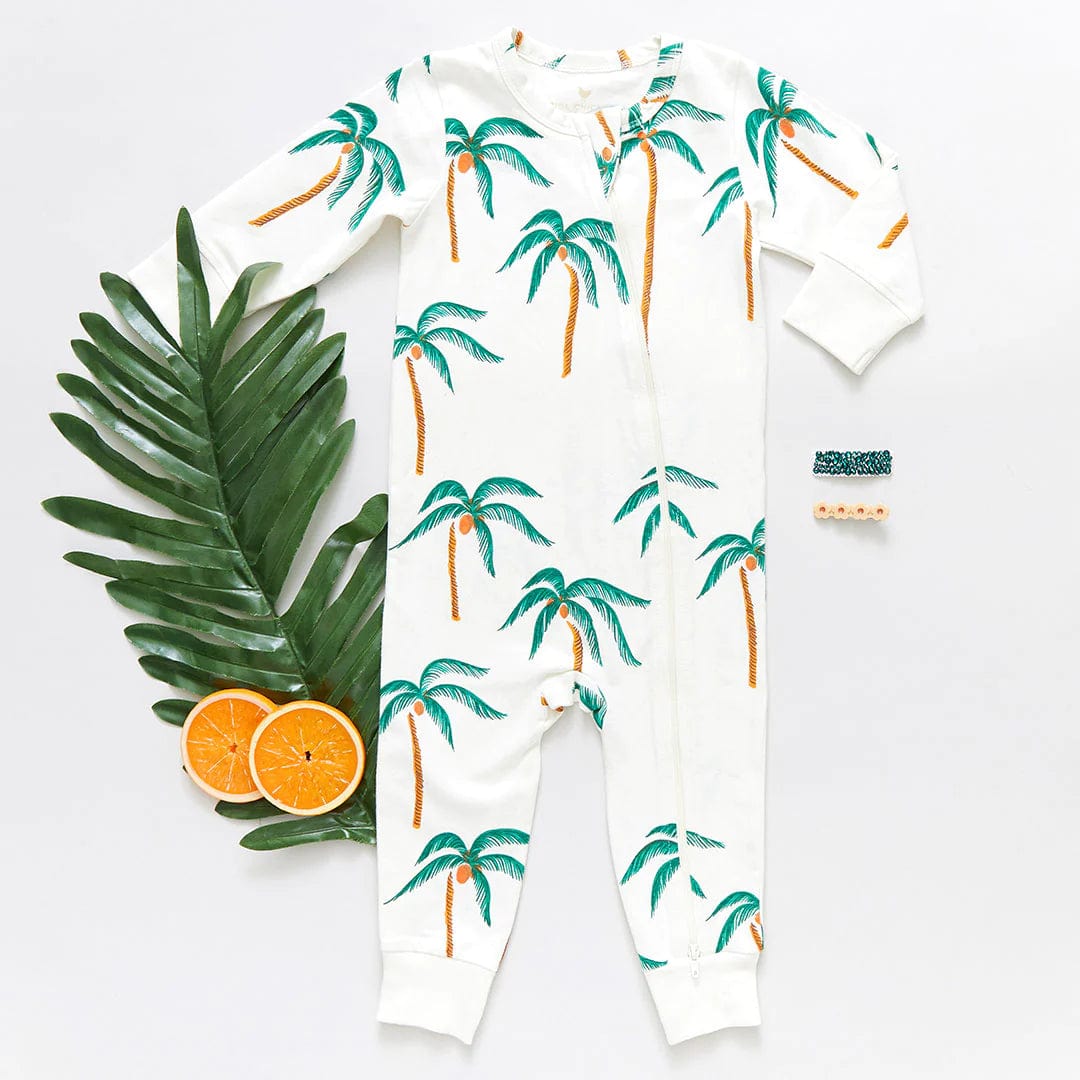 Little Beach Babes Boutique Pink chicken-Baby Organic Romper - Cream Palm Trees