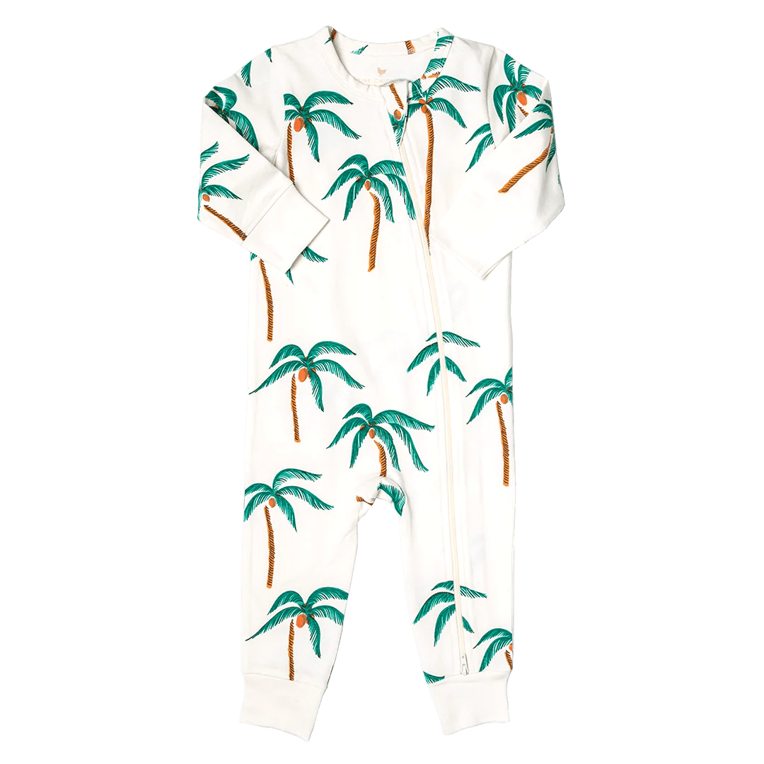 Little Beach Babes Boutique Pink chicken-Baby Organic Romper - Cream Palm Trees