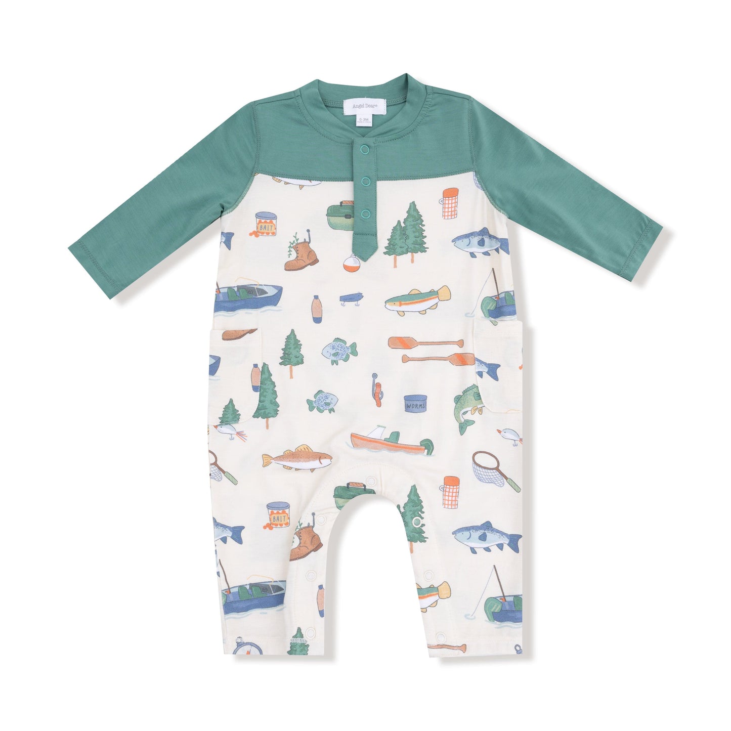Little Beach Babes Boutique Angel Dear Romper w/Contrast Sleeves in Fishing Things