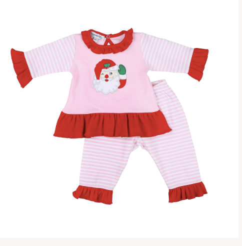 Magnolia Baby Winking Santa Applique Ruffle 2pc Pant SET