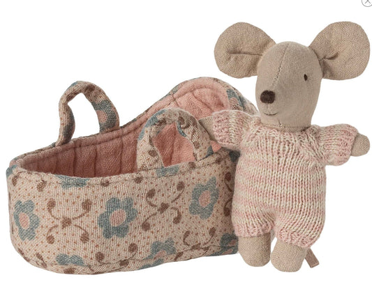 Maileg Baby mouse in carry cot - Rose