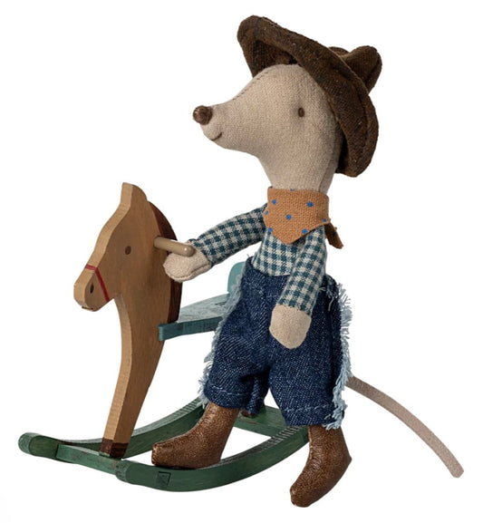 Maileg Cowboy mouse on rocking horse, Little brother