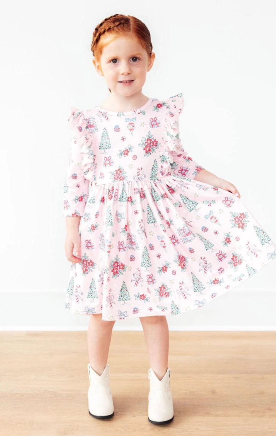 Pink Christmas 3/4 Sleeve Ruffle Twirl Dress 2T
