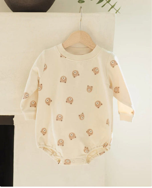 Quincy Mae Crewneck Bubble Romper Brown Bear