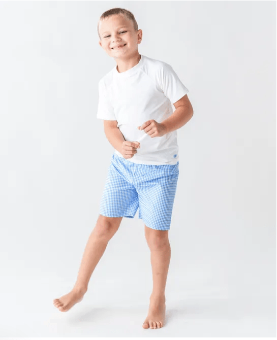 Ruffle Butts Cornflower Blue Gingham Swim Trunks