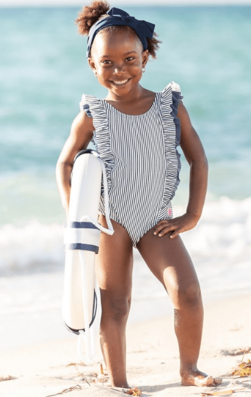 Ruffle Butts Navy Strip Waterfall One Piece