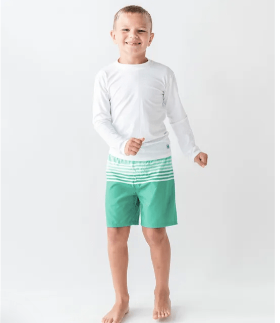 Ruffle Butts Ocean Teal Stripe Swim Trunks