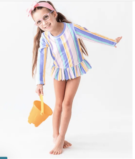 Ruffle Butts Rainbow Lane Stripe Scalloped Long Sleeve 2-Piece