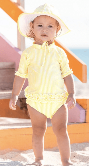 Ruffle Butts Ruffle Butts- Banana Yellow Seersucker Ruffled Rash Guard Bikini