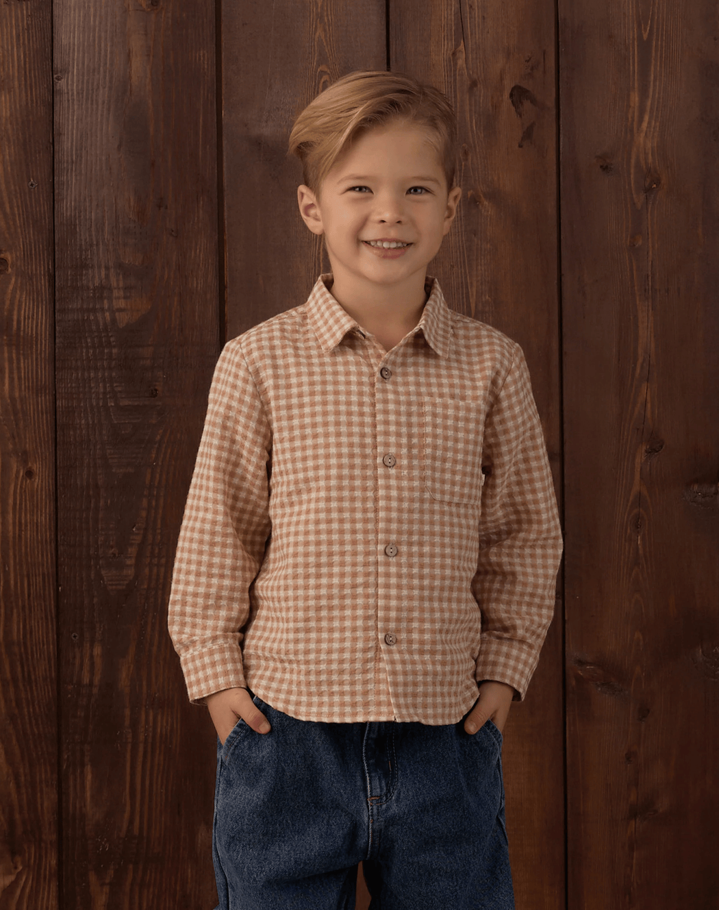 RYLEE + CRU LLC Collared Long Sleeve Shirt Fawn Gingham