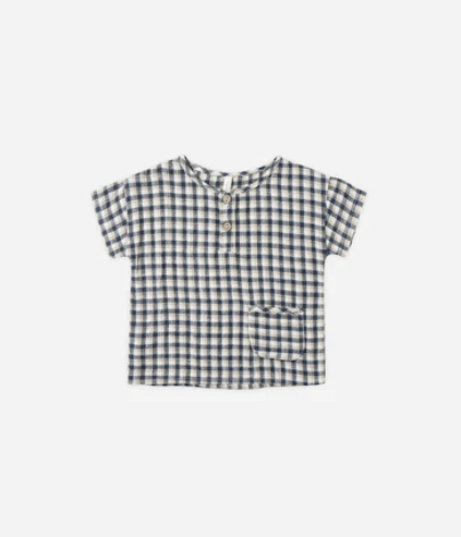 Rylee & Cru Navy Check Woven Henley Tee