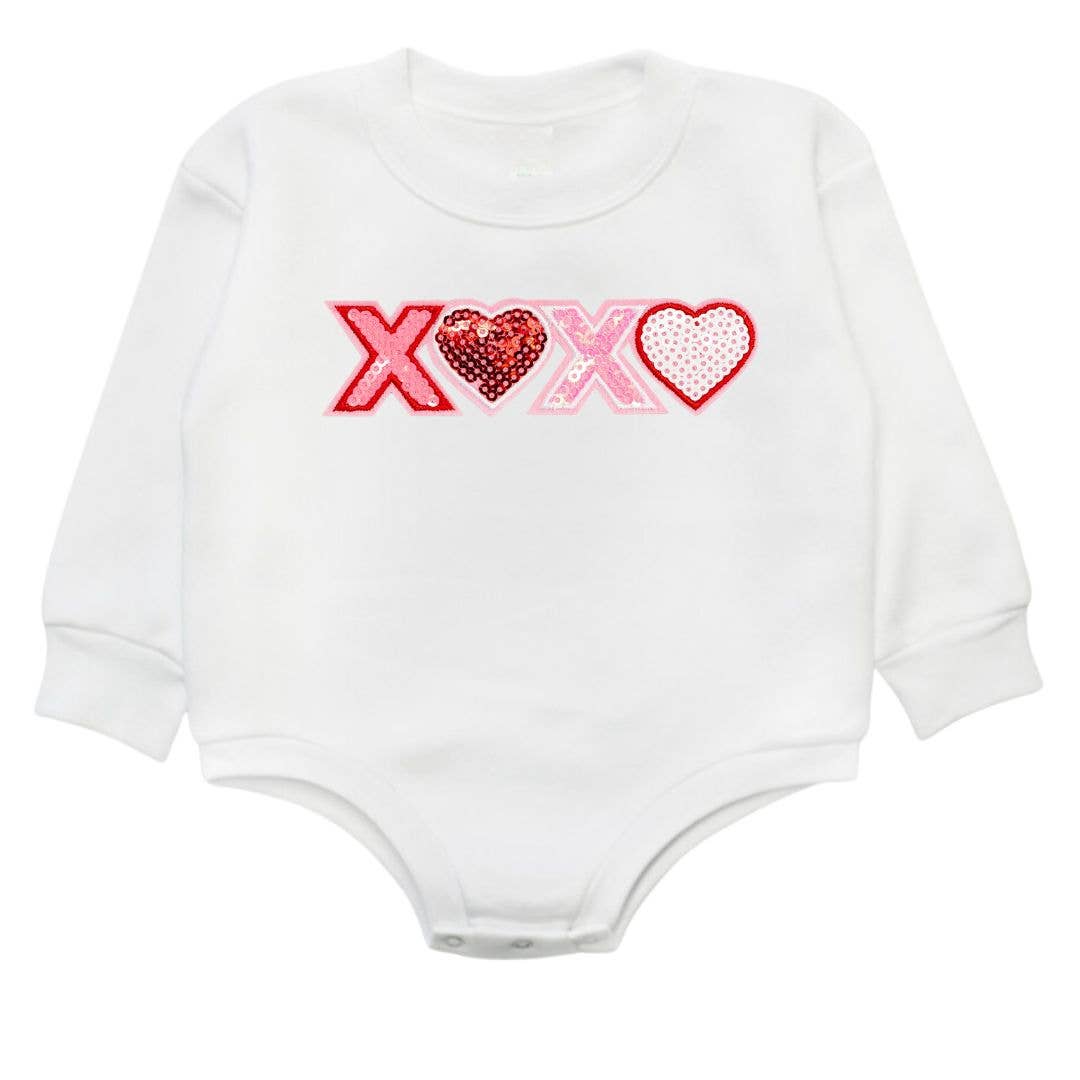 Sweet Wink 03-6M XOXO Sequin Patch Valentine's Day Long Sleeve Romper - White GOL-75 WH-03-6M