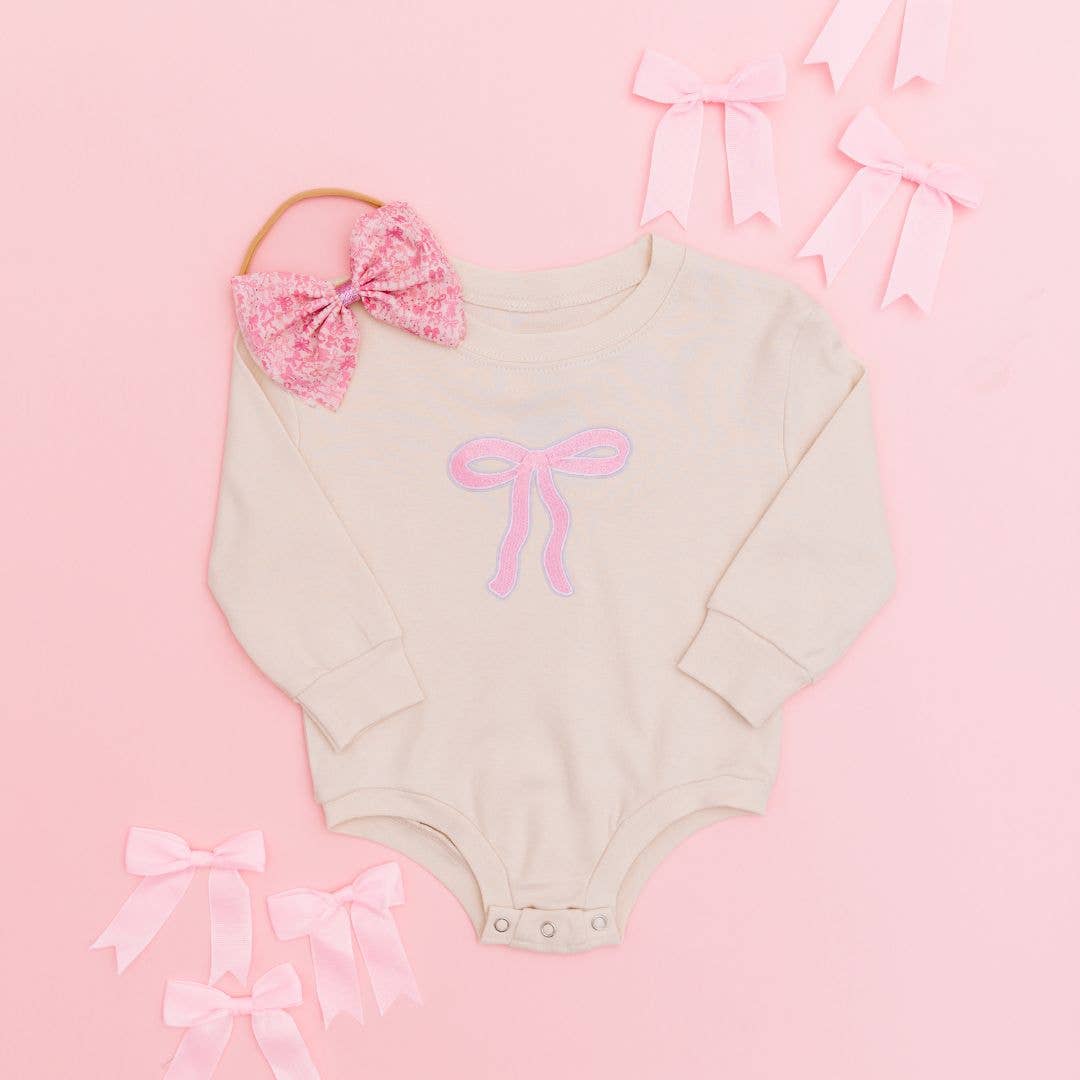 Sweet Wink Coquette Bow Patch Long Sleeve Romper - Natural