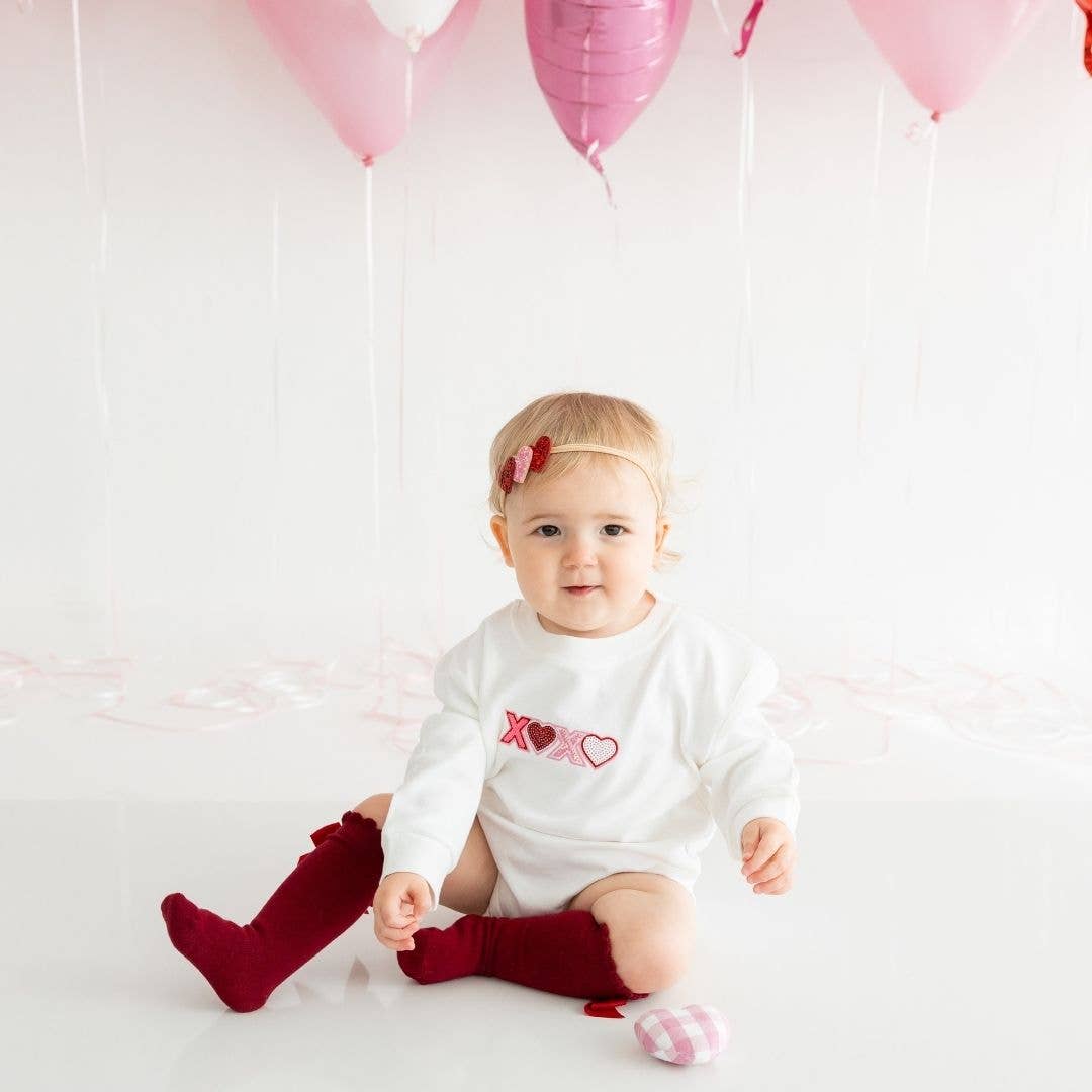 Sweet Wink XOXO Sequin Patch Valentine's Day Long Sleeve Romper - White