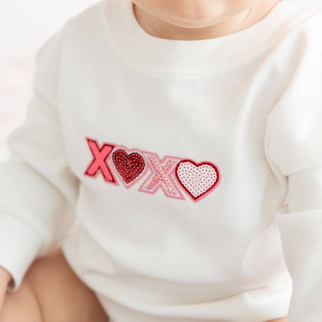 Sweet Wink XOXO Sequin Patch Valentine's Day Long Sleeve Romper - White