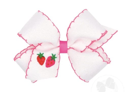 Wee Ones Med Grosgrain Hair Bow with Moonstitch Edge and Strawberry Embroidery