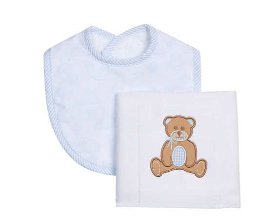 3 Marthas Teddy Bear Applique Bib & Burp Box Set Set - Blue