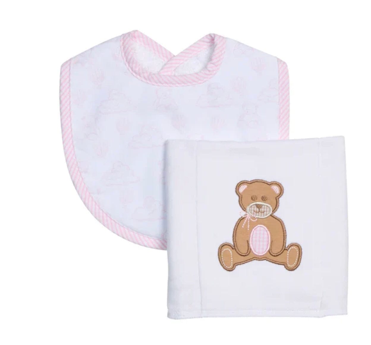 3 Marthas Teddy Bear Print Drooler Bib & Burp Set, Pink
