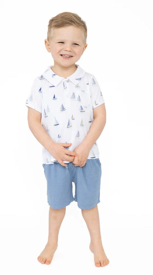 Angel Dear Polo Shirt & Short  Sailboats Blue