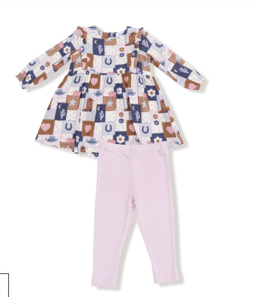 Angel Dear Patchwork Cowgirl  Ruffle  Dress & Rib Legging