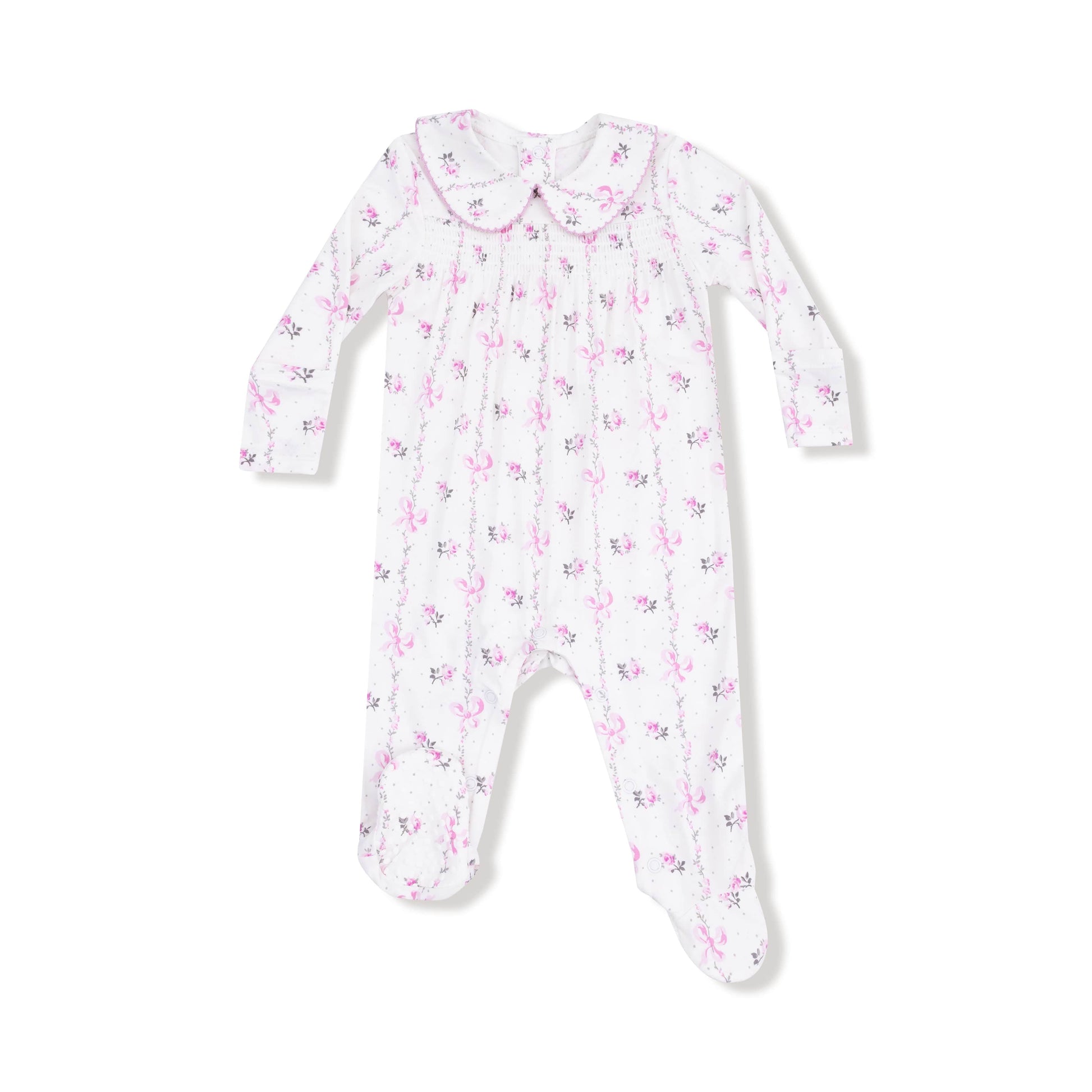 Angel Dear Angel Dear Smocked L/S Romper w/Peter Pan Collar in Dainty Buds and Bow Stripe