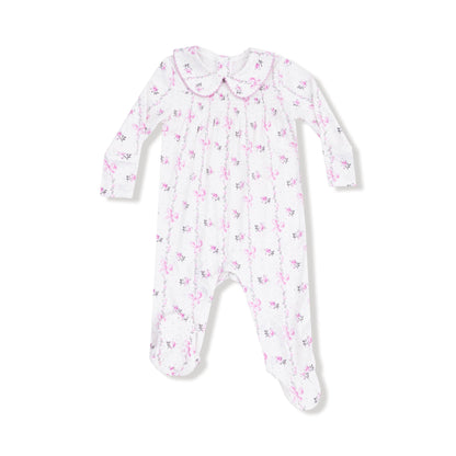 Angel Dear Angel Dear Smocked L/S Romper w/Peter Pan Collar in Dainty Buds and Bow Stripe