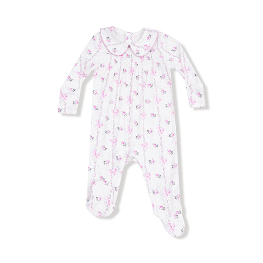 Angel Dear Angel Dear Smocked L/S Romper w/Peter Pan Collar in Dainty Buds and Bow Stripe