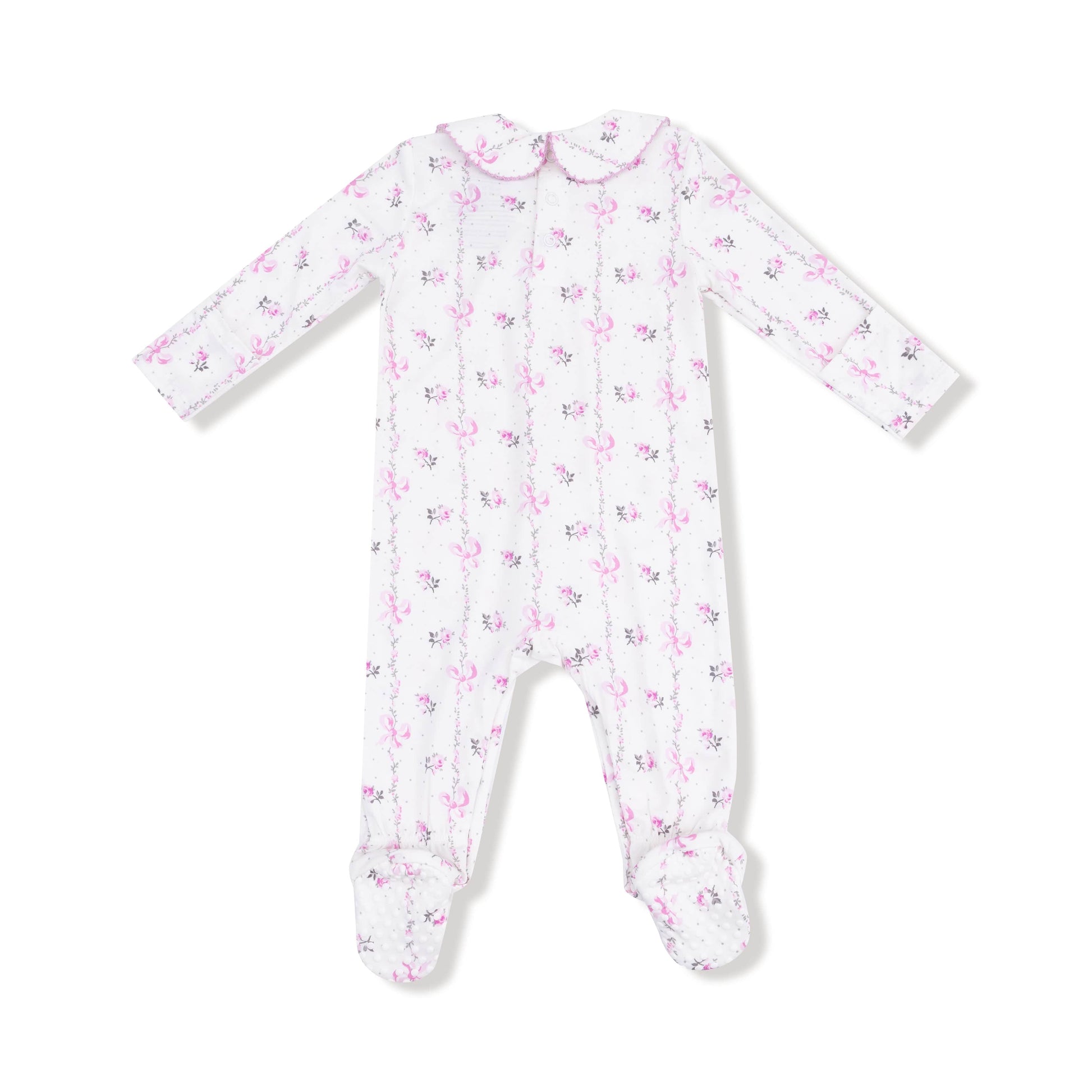 Angel Dear Angel Dear Smocked L/S Romper w/Peter Pan Collar in Dainty Buds and Bow Stripe