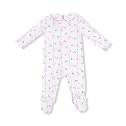 Angel Dear Angel Dear Smocked L/S Romper w/Peter Pan Collar in Dainty Buds and Bow Stripe