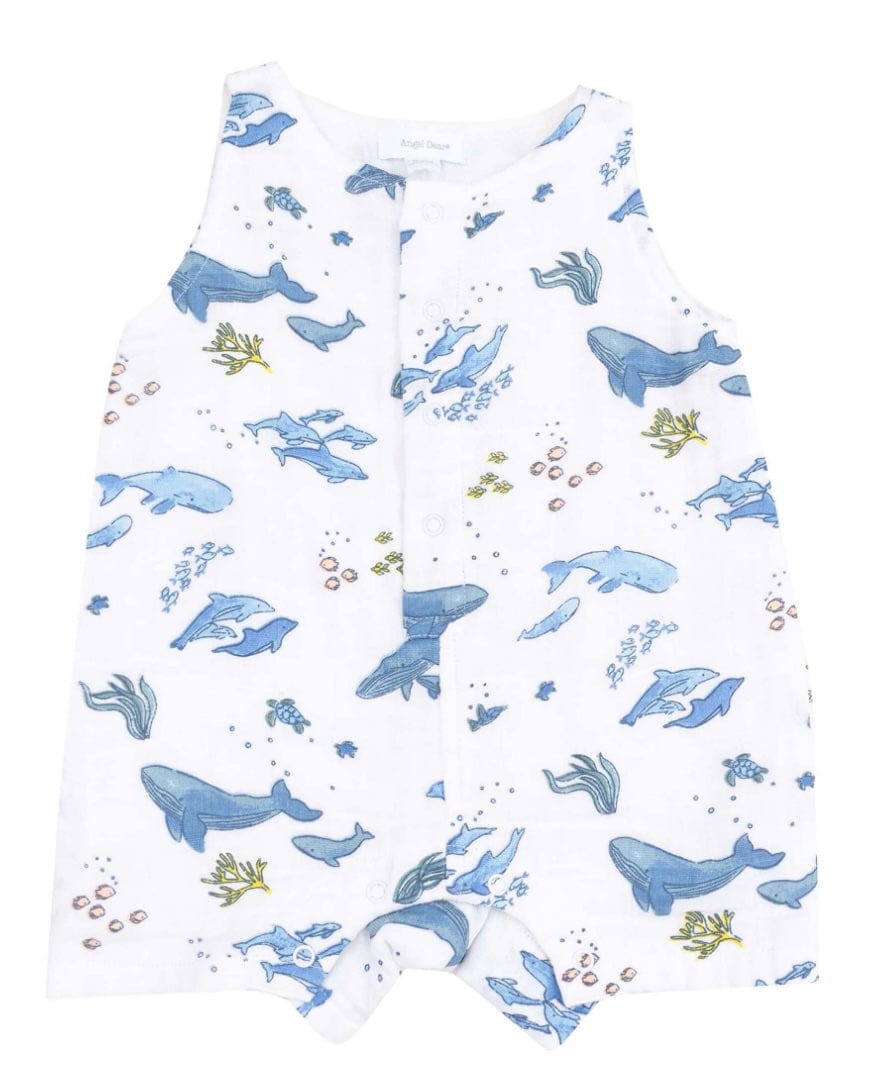 Angel Dear Sleevless Shortie Romper, Watercolor Blue Whales