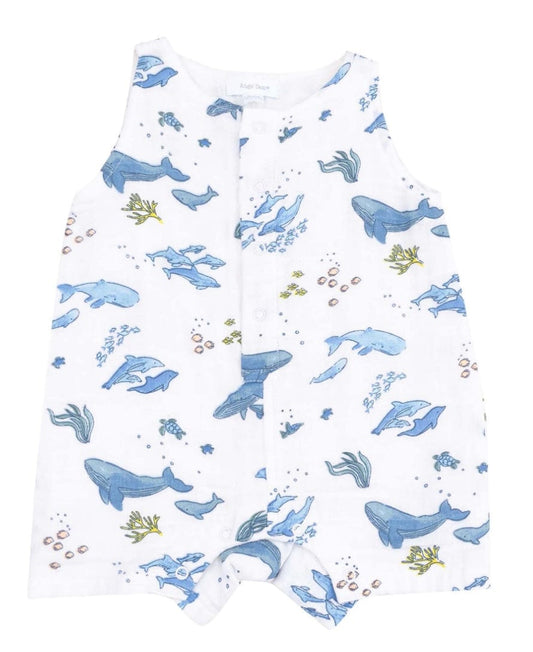 Angel Dear Sleevless Shortie Romper, Watercolor Blue Whales