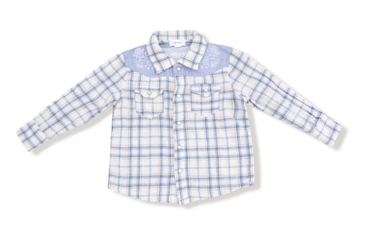 Angel Dear Blue Plaid  Long Sleeve Western Pearl Snap Shirt