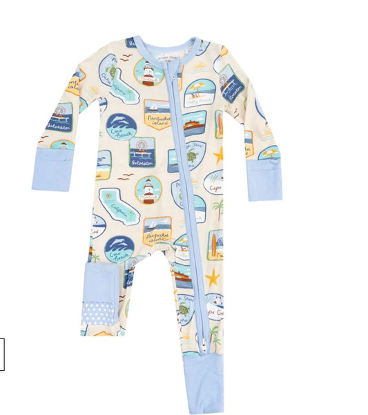 Angel Dear 2 Way Zipper Romper - Beach Patches