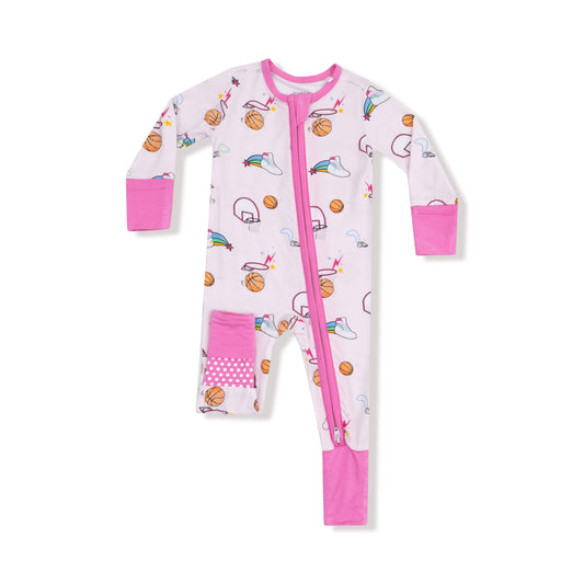 Angel Dear Angel Dear 2 Way Zipper Romper in Basketball Pink