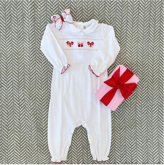 Beaufort Bonnet Company Rigsby Romper Worth Avenue White With Present Smocking & Richmond Red Picot