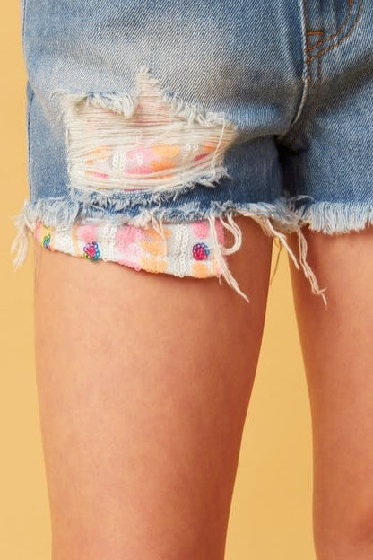 Hayden Girls Kids Distressed Denim Kids Shorts With Sequin Pocket Detail.