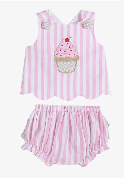 lil Cats 6-12M Pink Stripe Cupcake Applique Bloomer set