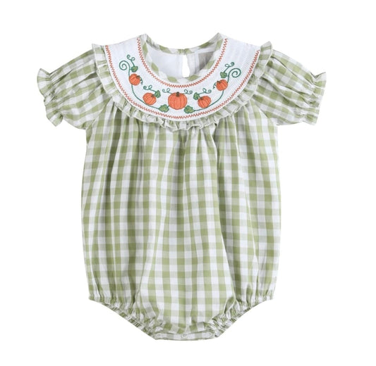 LIL CATUS Sage Green Gingham Pumpkin Smocked Romper