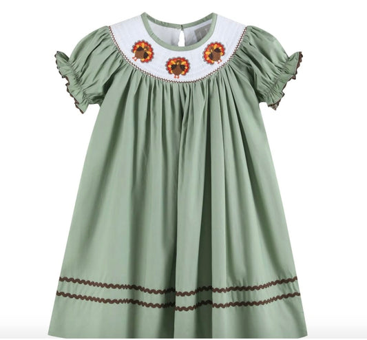 LIL CATUS Sage Green Turkey Smocked Bishop Dress